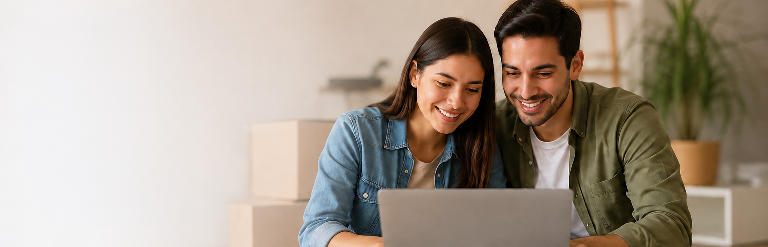 Pareja consultando información para calcular sus Puntos Infonavit y conocer sus opciones para comprar una casa